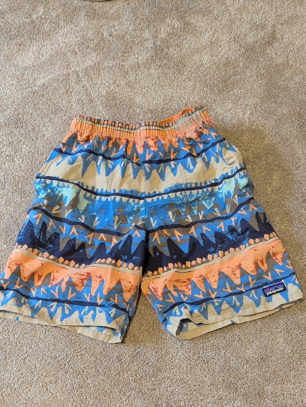 Patagonia Boys Baggies Multicolor Geometric Swim Shorts in Blue & Orange Size L